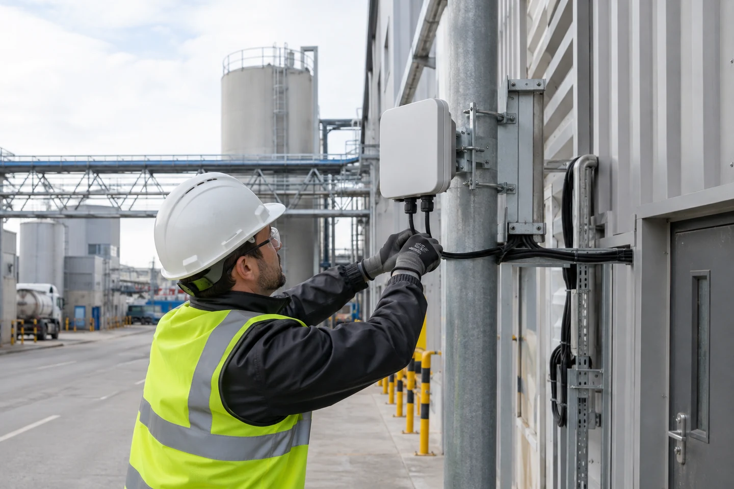 An outdoor access point mounted securely beside a factory walkway.