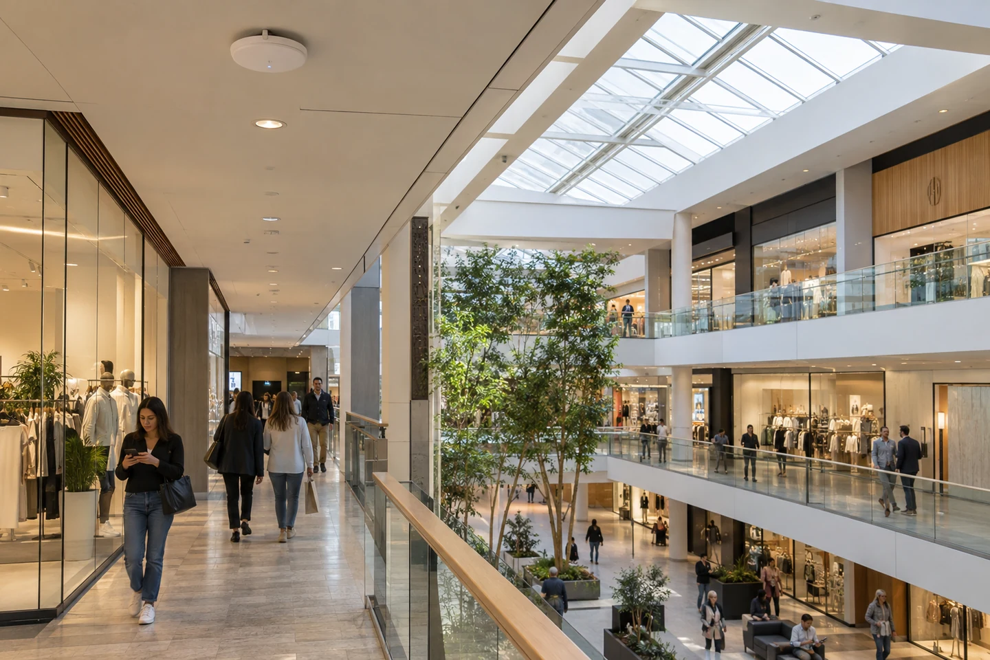 Shoppers in a mall atrium with a discreet ceiling-mounted wireless access point.