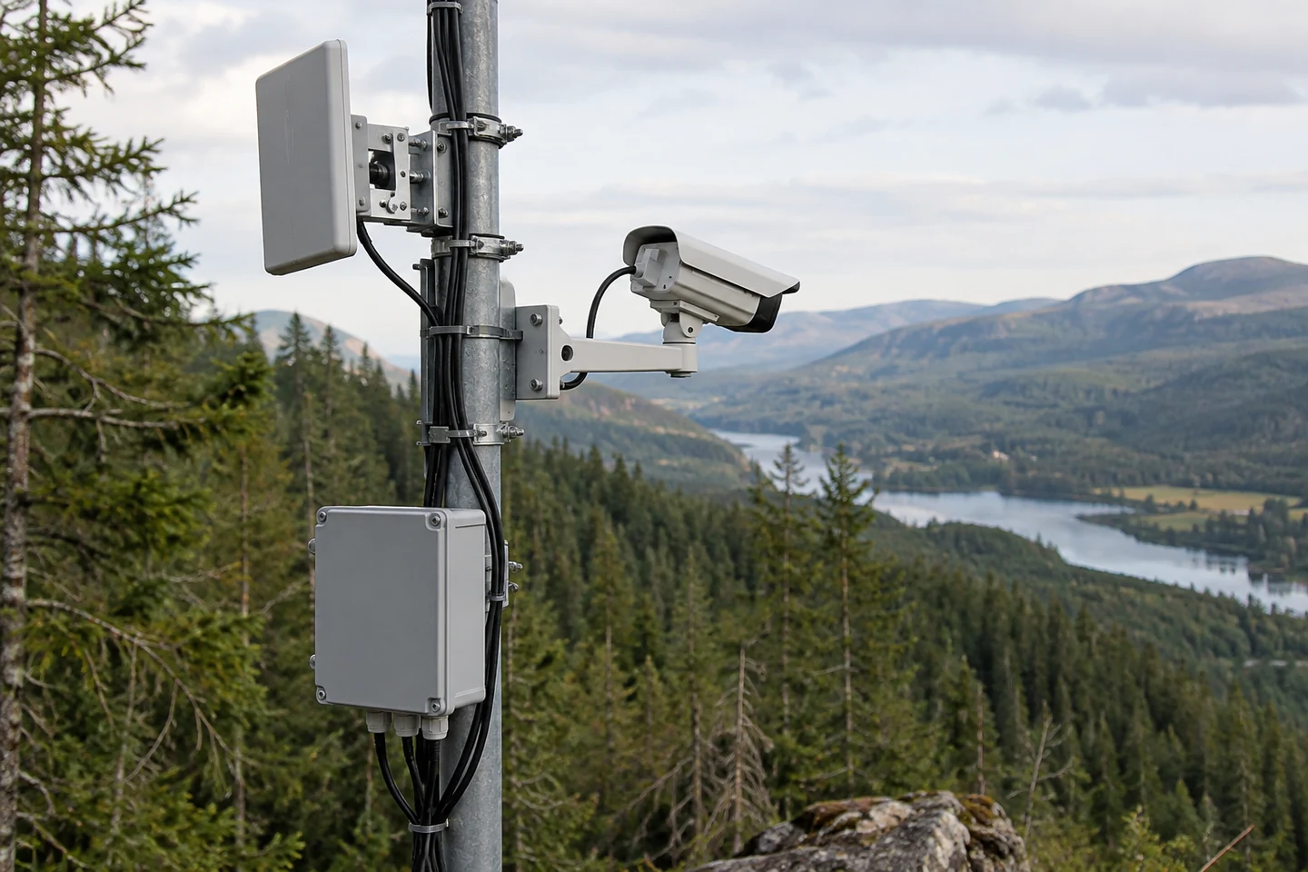 Camera and radio mounts with protected local cabling on a monitoring pole.