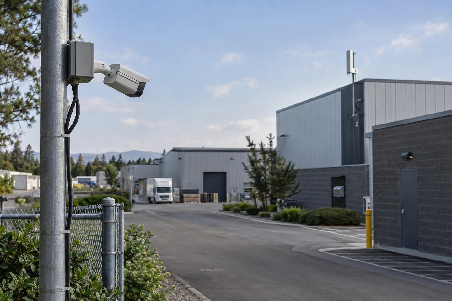 An industrial campus with outdoor cameras and building-mounted communications equipment.