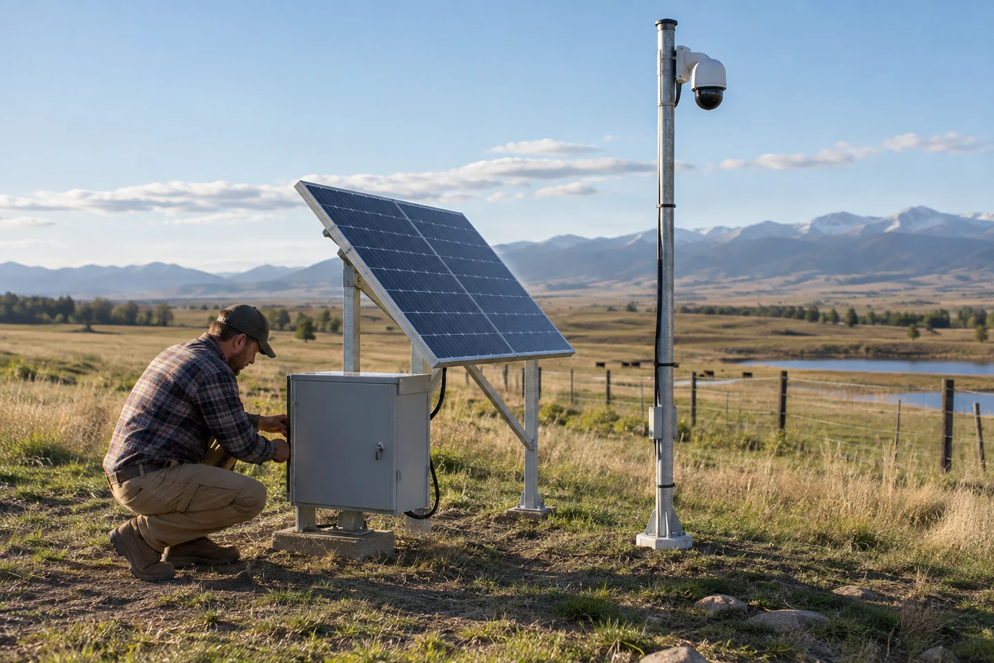 Solar-panel supports and a protected battery enclosure serving a remote monitoring pole.