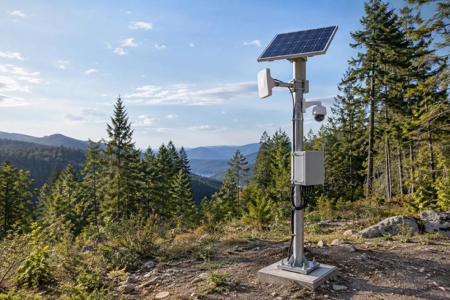 A solar-powered monitoring node in a sunny clearing overlooking forest terrain.