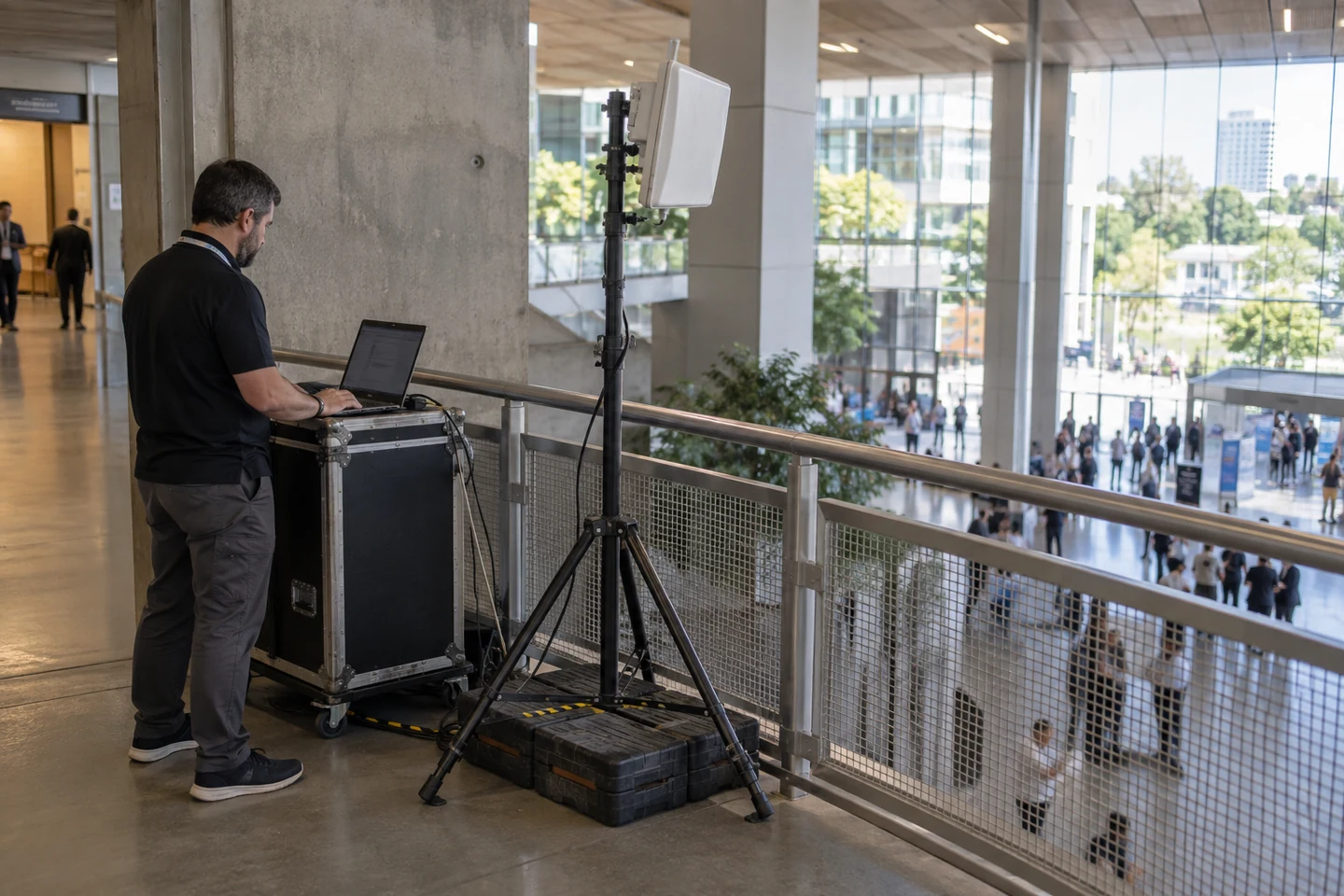 A securely mounted radio near a venue atrium with a clear open path ahead.