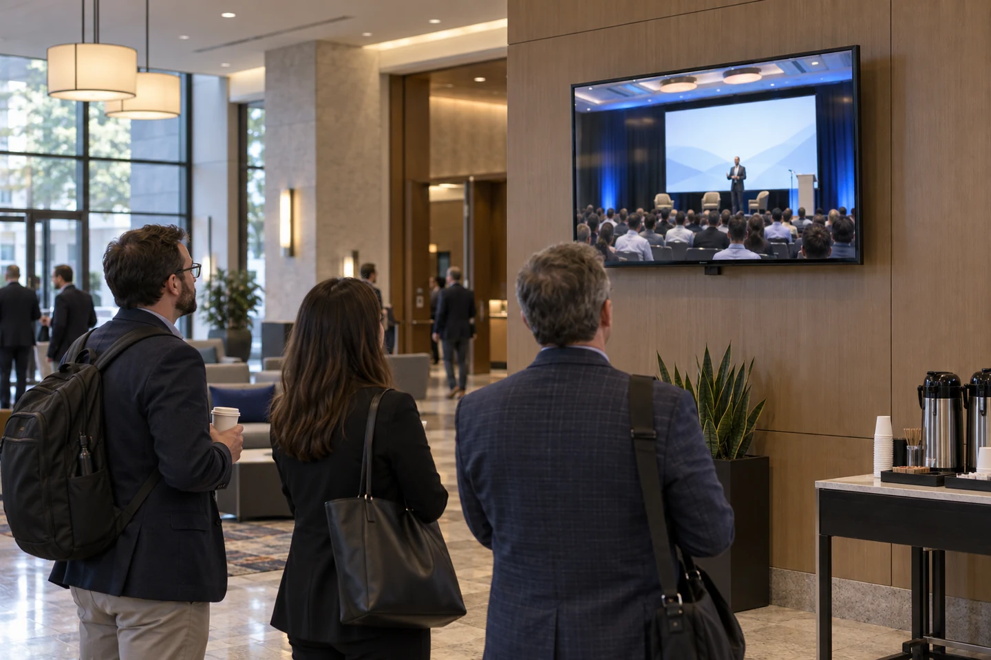 Visitors watching a conference presentation on a display in a venue lobby.