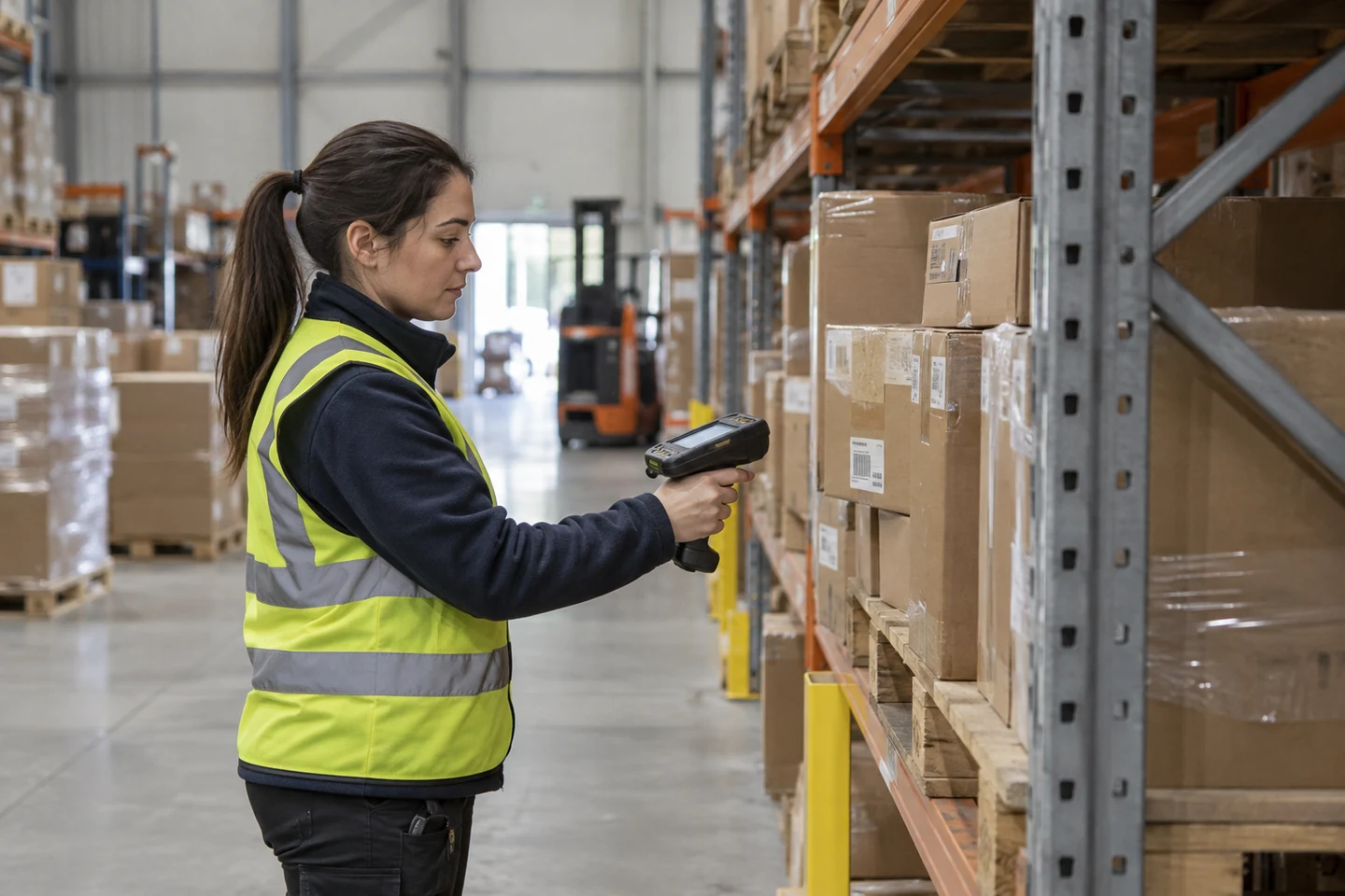 A warehouse worker scanning a carton label with a handheld inventory device.
