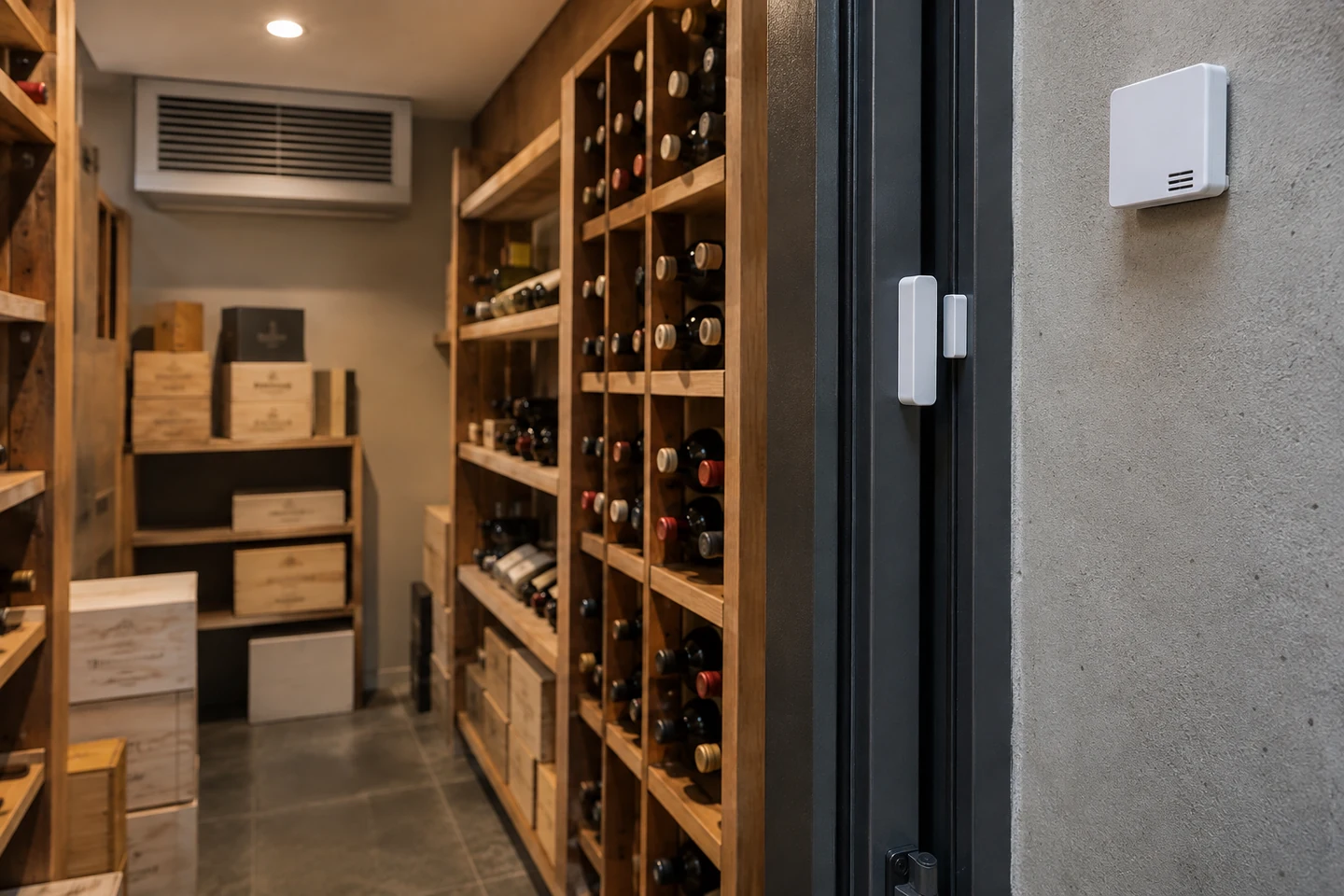 Environmental sensors and a door contact in a temperature-controlled wine storage area.
