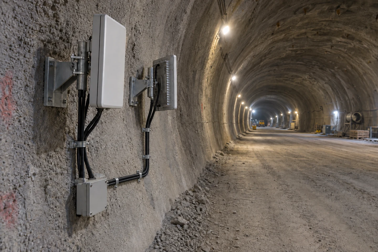 Two directional radios near a tunnel bend, facing the adjoining visible sections.
