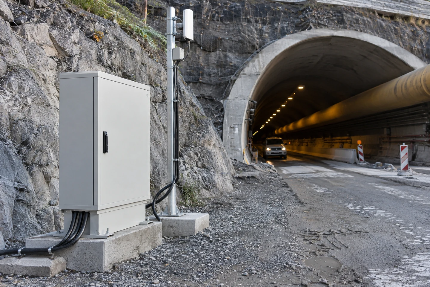 Protected communications equipment at the side of a tunnel entrance.